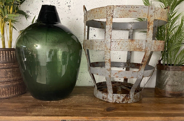 Antique Vintage Large French Hand Blown Glass Demijohn Carboy Cage Wedding Prop