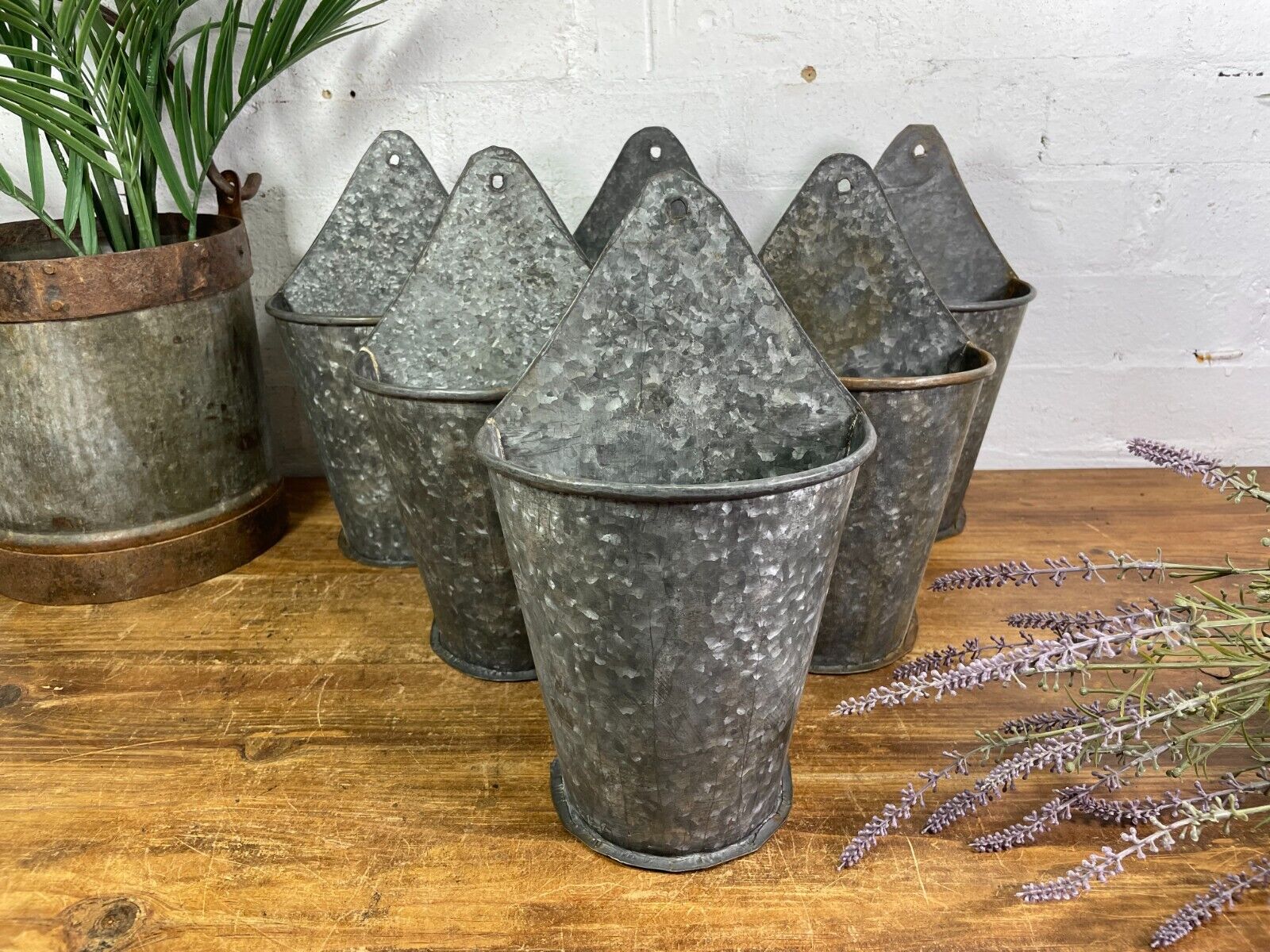 Vintage Rustic Reclaimed Galvanised Half Bucket Wall Planter Plant Pot Garden