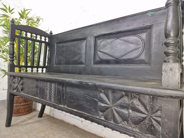 Antique Anglo Indian Colonial Hardwood Hand Carved Settle Bench Hallway Seat