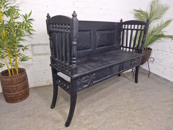 Antique Anglo Indian Colonial Hardwood Hand Carved Settle Bench Hallway Seat