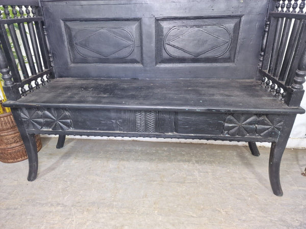 Antique Anglo Indian Colonial Hardwood Hand Carved Settle Bench Hallway Seat