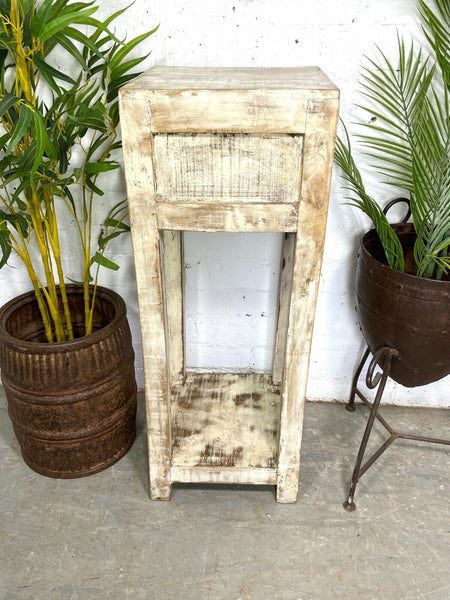 Vintage Reclaimed Indian Rustic Whitewash Wooden Plant Lamp Table Stand