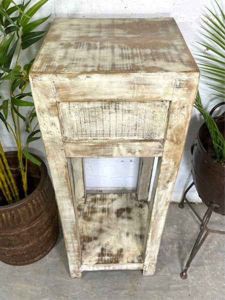 Vintage Reclaimed Indian Rustic Whitewash Wooden Plant Lamp Table Stand