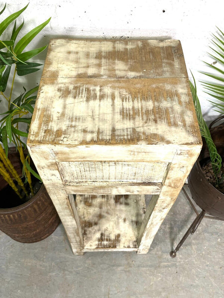 Vintage Reclaimed Indian Rustic Whitewash Wooden Plant Lamp Table Stand