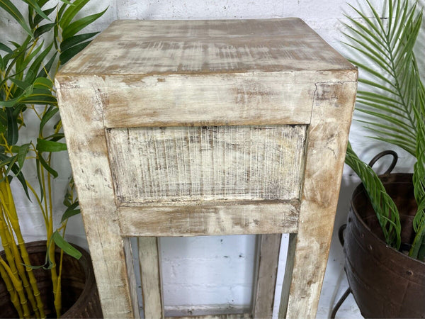 Vintage Reclaimed Indian Rustic Whitewash Wooden Plant Lamp Table Stand