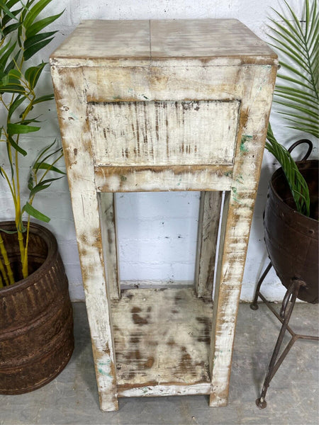 Vintage Reclaimed Indian Rustic Whitewash Wooden Plant Lamp Table Stand