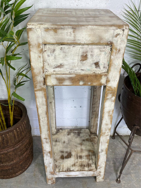 Vintage Reclaimed Indian Rustic Whitewash Wooden Plant Lamp Table Stand