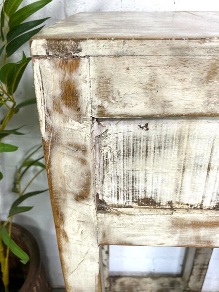 Vintage Reclaimed Indian Rustic Whitewash Wooden Plant Lamp Table Stand