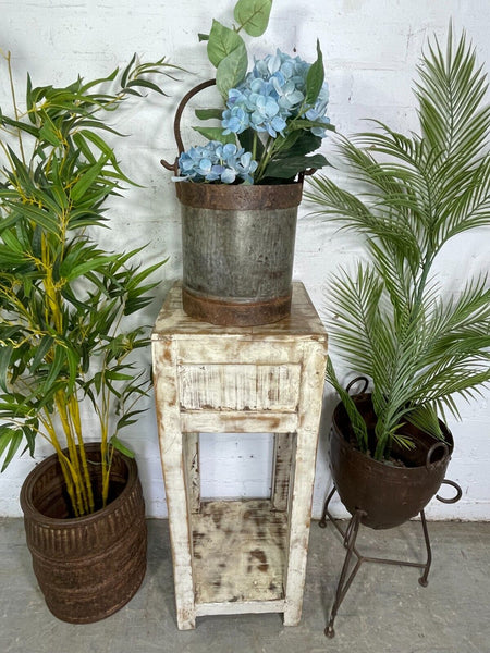 Vintage Reclaimed Indian Rustic Whitewash Wooden Plant Lamp Table Stand