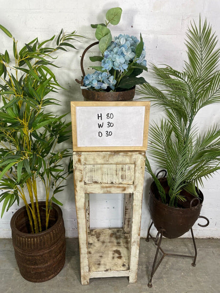 Vintage Reclaimed Indian Rustic Whitewash Wooden Plant Lamp Table Stand
