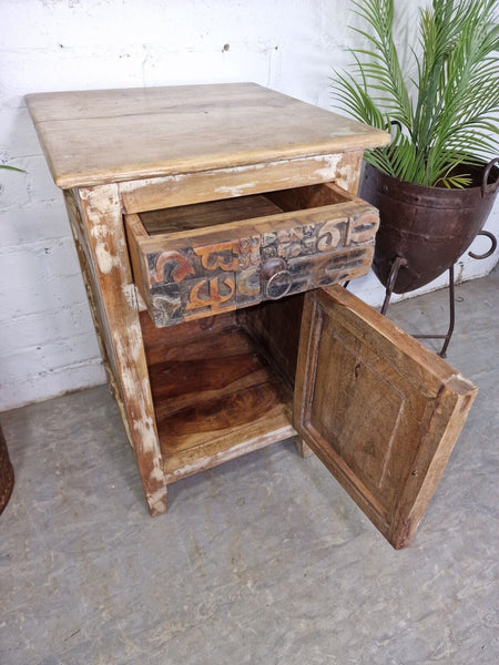 Vintage Reclaimed Rustic Indian Wooden Bedside Cabinet Side Table