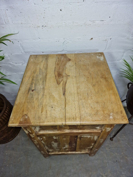 Vintage Reclaimed Rustic Indian Wooden Bedside Cabinet Side Table