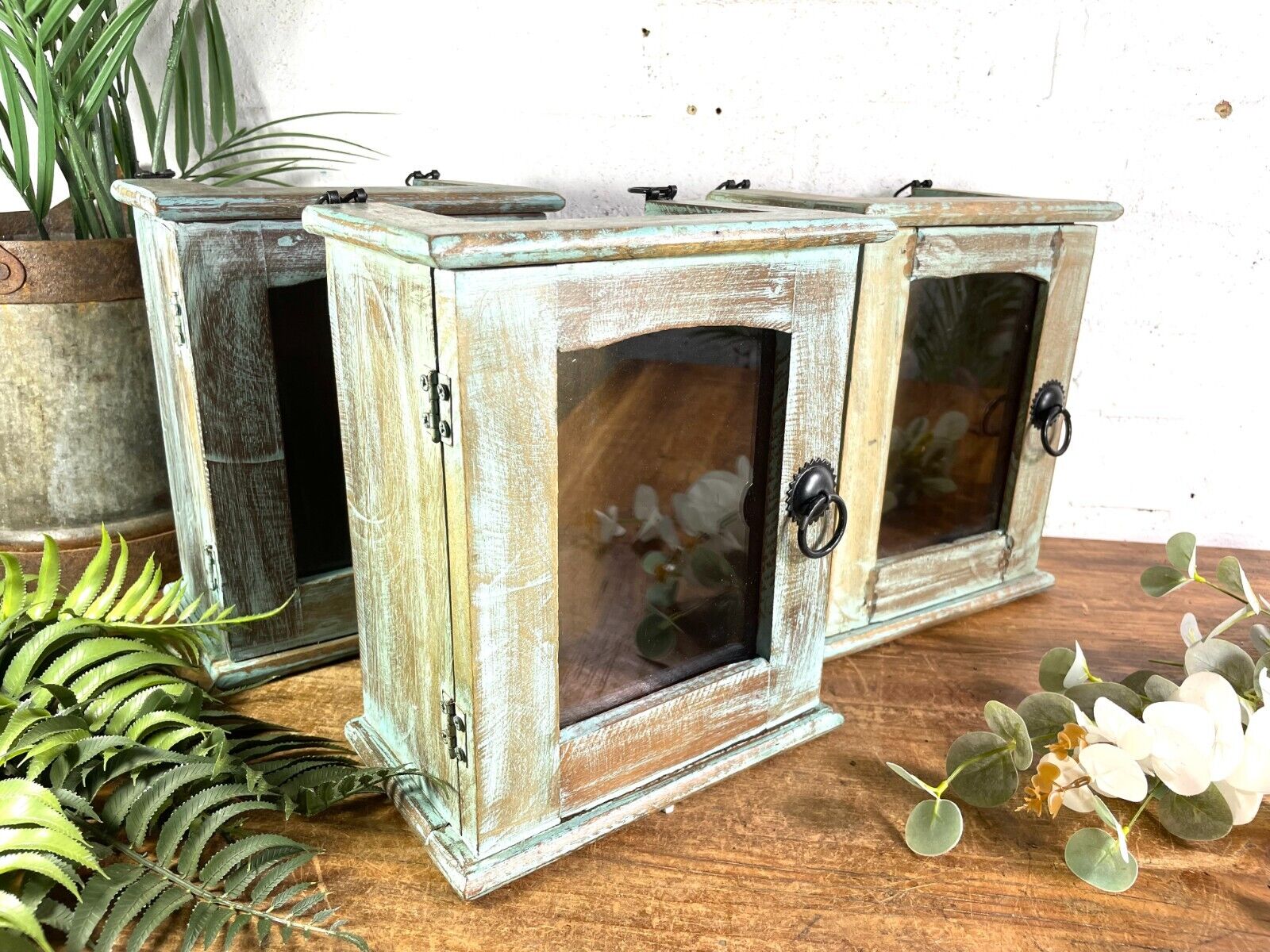 Vintage Reclaimed Indian Small Blue Glazed Wooden Wall Display Cabinet