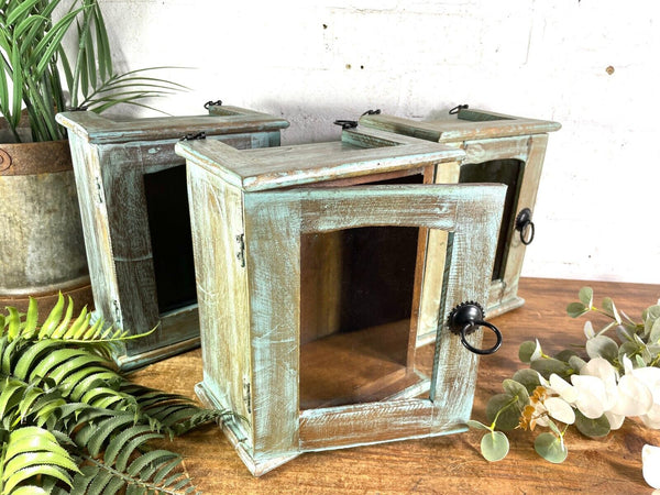 Vintage Reclaimed Indian Small Blue Glazed Wooden Wall Display Cabinet