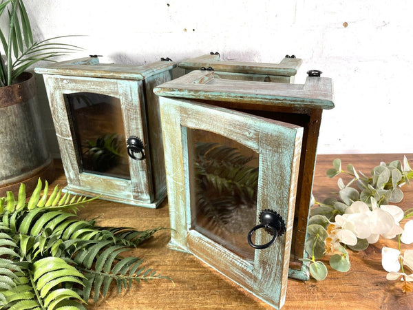 Vintage Reclaimed Indian Small Blue Glazed Wooden Wall Display Cabinet