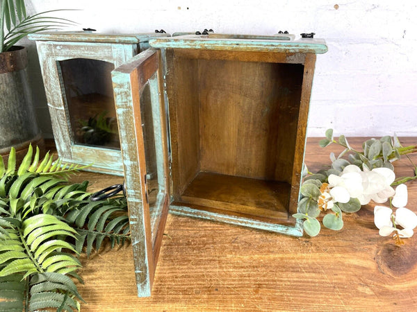 Vintage Reclaimed Indian Small Blue Glazed Wooden Wall Display Cabinet