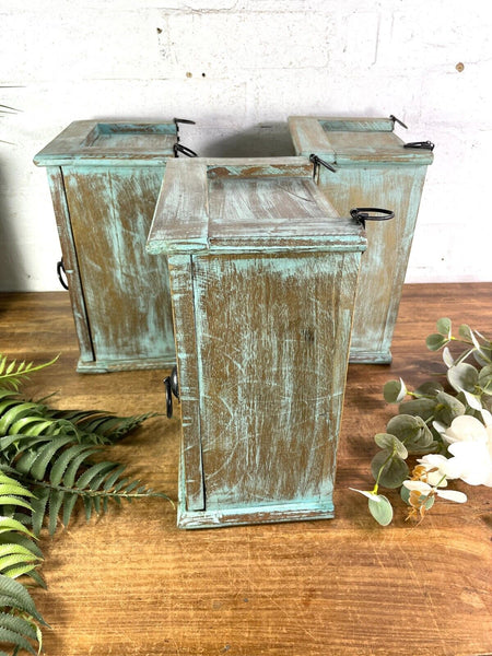 Vintage Reclaimed Indian Small Blue Glazed Wooden Wall Display Cabinet