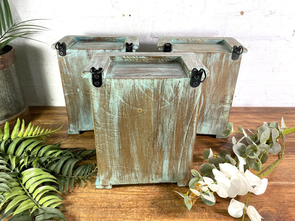 Vintage Reclaimed Indian Small Blue Glazed Wooden Wall Display Cabinet