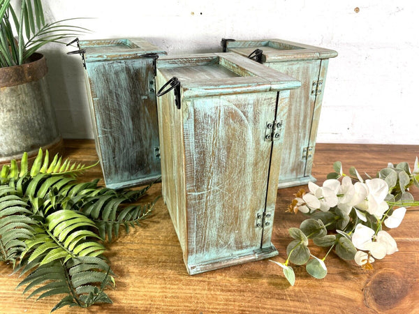Vintage Reclaimed Indian Small Blue Glazed Wooden Wall Display Cabinet