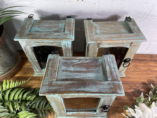 Vintage Reclaimed Indian Small Blue Glazed Wooden Wall Display Cabinet