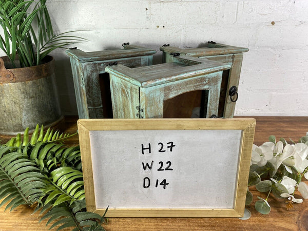 Vintage Reclaimed Indian Small Blue Glazed Wooden Wall Display Cabinet