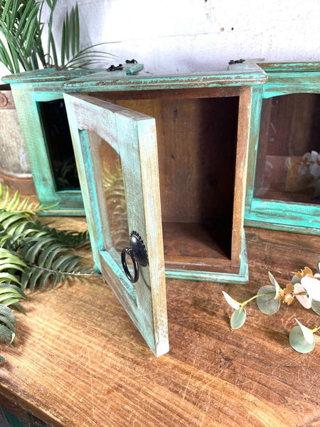 Vintage Reclaimed Indian Small Green Glazed Wooden Wall Display Cabinet