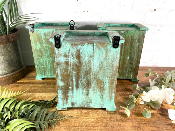 Vintage Reclaimed Indian Small Green Glazed Wooden Wall Display Cabinet