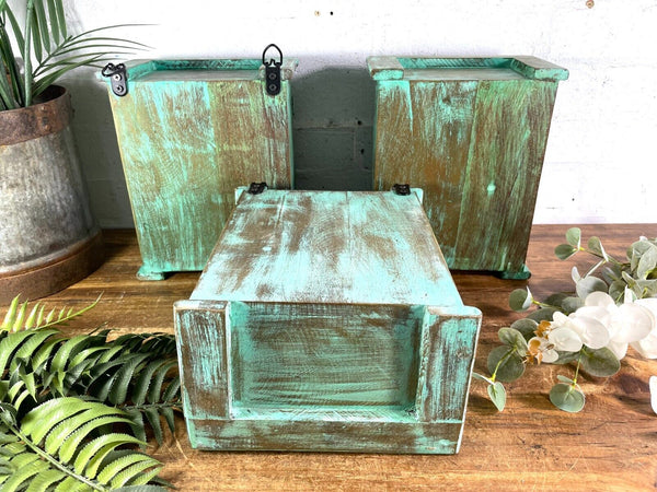 Vintage Reclaimed Indian Small Green Glazed Wooden Wall Display Cabinet