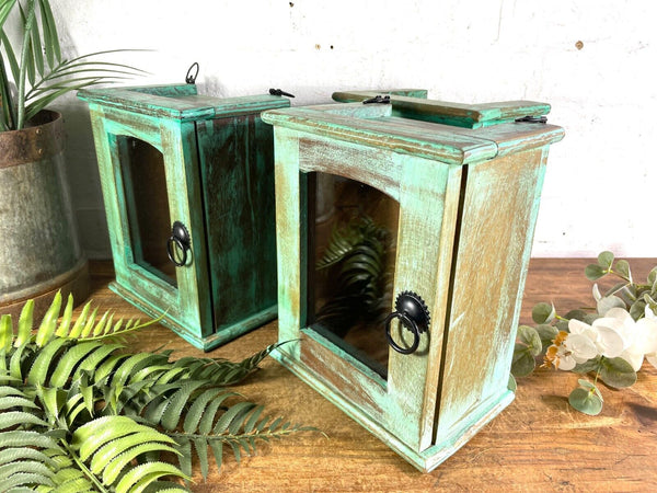 Vintage Reclaimed Indian Small Green Glazed Wooden Wall Display Cabinet