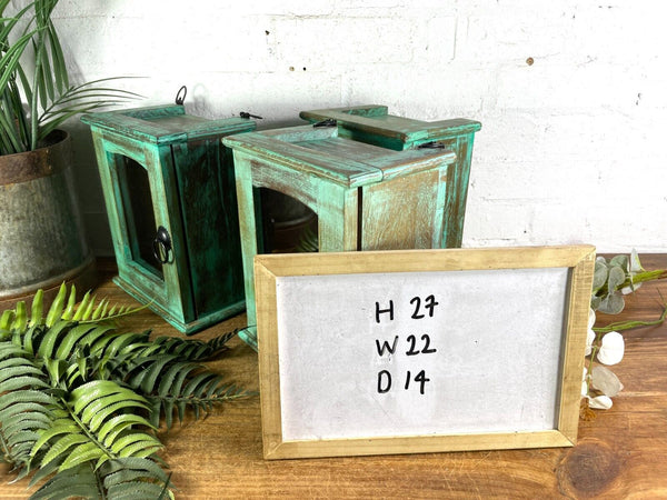 Vintage Reclaimed Indian Small Green Glazed Wooden Wall Display Cabinet