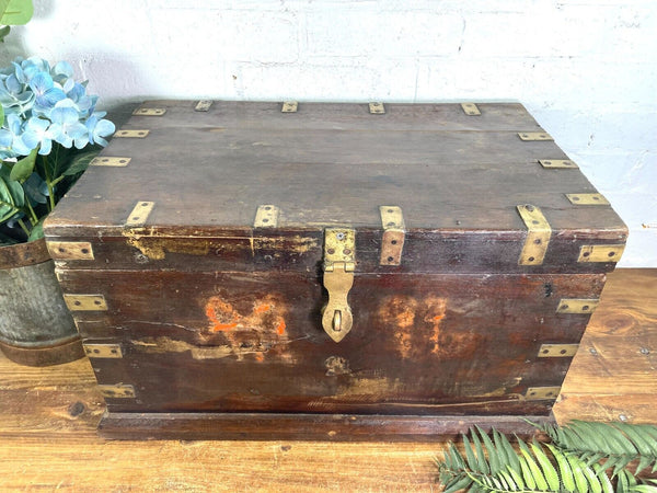 Antique Indian Colonial Military Engineers Hardwood Campaign Chest Trunk