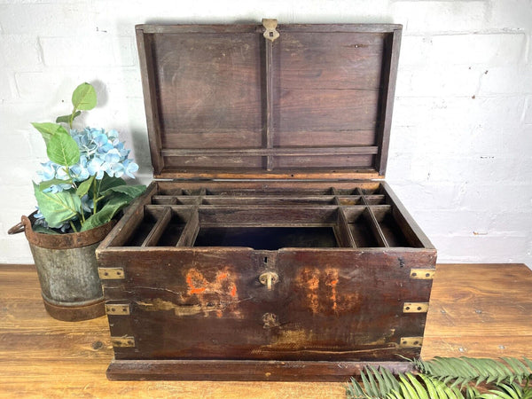 Antique Indian Colonial Military Engineers Hardwood Campaign Chest Trunk