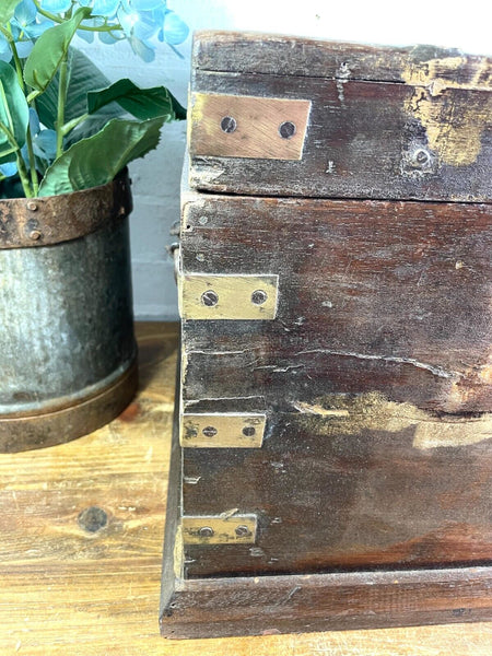 Antique Indian Colonial Military Engineers Hardwood Campaign Chest Trunk
