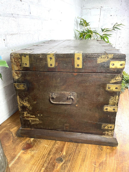 Antique Indian Colonial Military Engineers Hardwood Campaign Chest Trunk