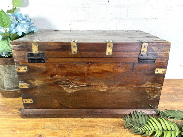 Antique Indian Colonial Military Engineers Hardwood Campaign Chest Trunk