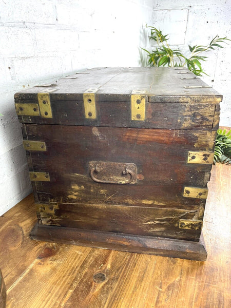 Antique Indian Colonial Military Engineers Hardwood Campaign Chest Trunk