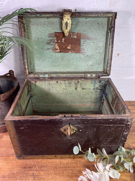 Antique 19th Century Brass Wooden Indian Colonial Merchants Pay Clerk Cash Box