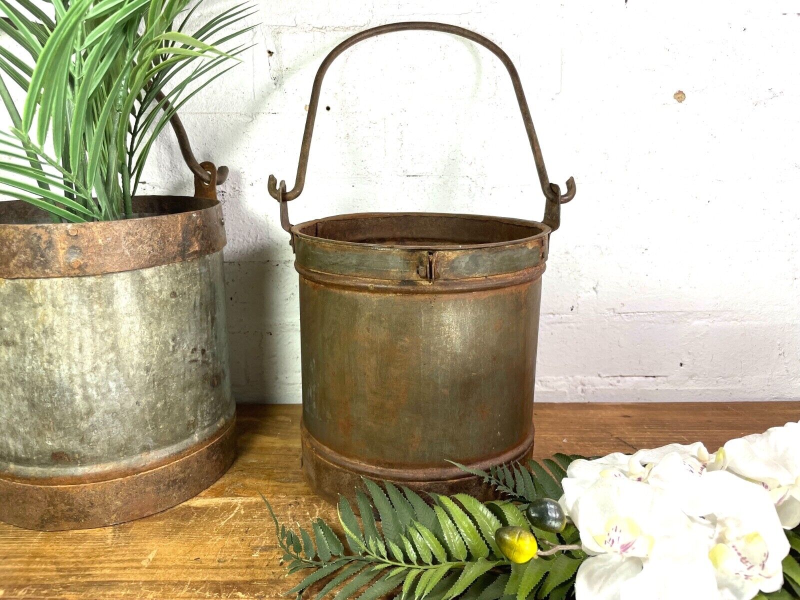 Vintage Heavy Duty Galvanised Iron Bucket With Handle Hanging Garden Planter