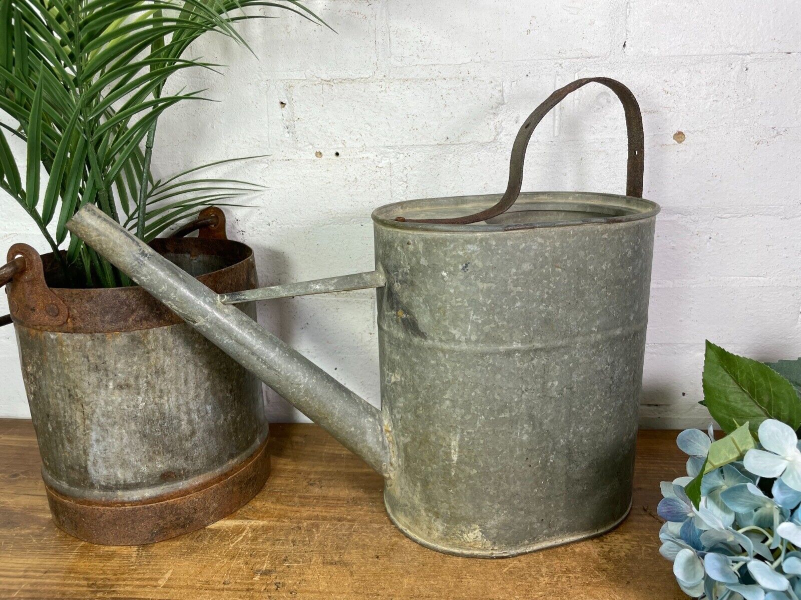 Vintage French European Galvanised Zinc Rose Head Watering Can Garden Planter