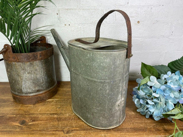 Vintage French European Galvanised Zinc Rose Head Watering Can Garden Planter