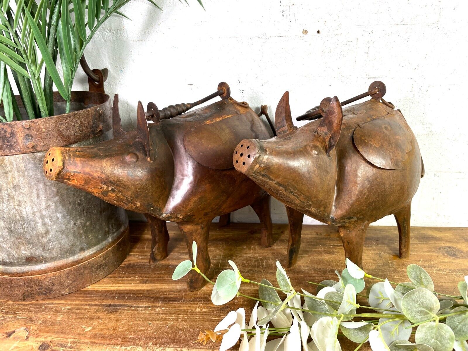 Rustic Reclaimed Handmade Metal Pig Watering Can Water Feature Garden Sculpture