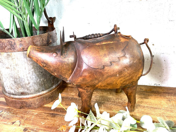Rustic Reclaimed Handmade Metal Pig Watering Can Water Feature Garden Sculpture