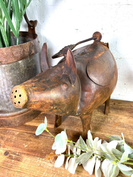 Rustic Reclaimed Handmade Metal Pig Watering Can Water Feature Garden Sculpture