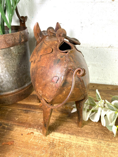 Rustic Reclaimed Handmade Metal Pig Watering Can Water Feature Garden Sculpture