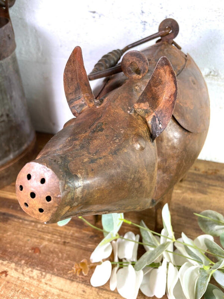 Rustic Reclaimed Handmade Metal Pig Watering Can Water Feature Garden Sculpture