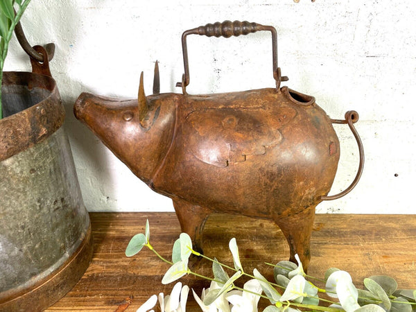 Rustic Reclaimed Handmade Metal Pig Watering Can Water Feature Garden Sculpture