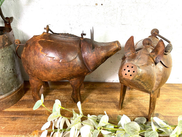 Rustic Reclaimed Handmade Metal Pig Watering Can Water Feature Garden Sculpture