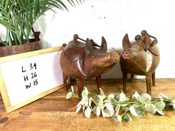 Rustic Reclaimed Handmade Metal Pig Watering Can Water Feature Garden Sculpture