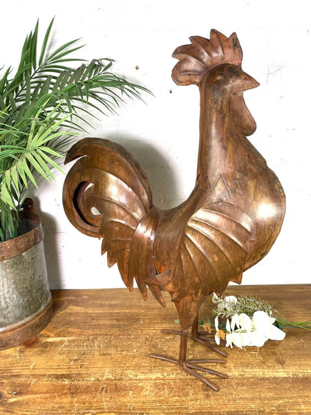 Large Rustic Reclaimed Recycled Metal Rooster Chicken Garden Sculpture Ornament