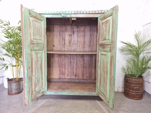 Vintage Rustic Indian Green Wooden Shop Display Bathroom Kitchen Drinks Cabinet
